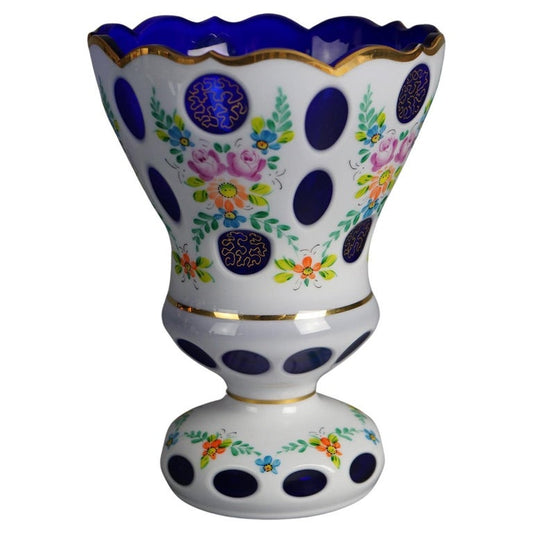 Bohemian Hand Painted & Gilt Cobalt Cut to Clear Glass Footed Vase 20thC