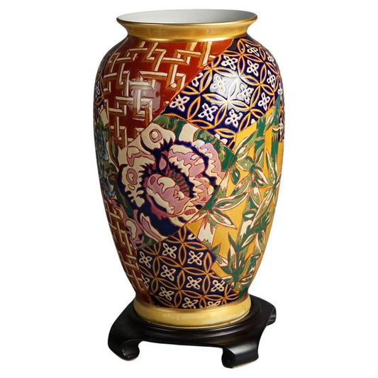 Chinese Porcelain Vase with Bamboo & Flowers on Hardwood Stand 20thC