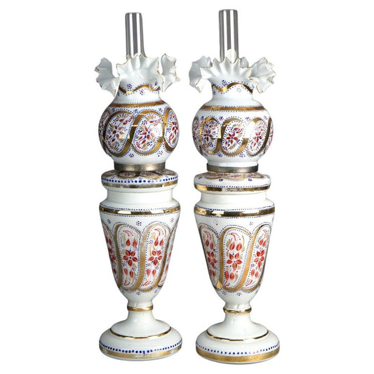 Antique Pair Opaline Floral Enameled Hand Painted Lamps With Handkerchief Shades