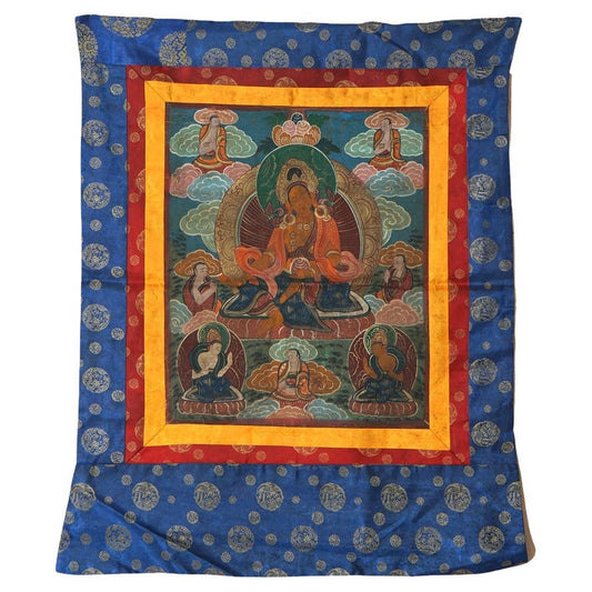 Antique Tibetan Hand Painted Silk and Canvas Thangka with Figures C1920