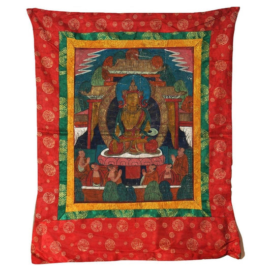 Antique Tibetan Hand Painted Silk and Canvas Thangka with Figures C1920