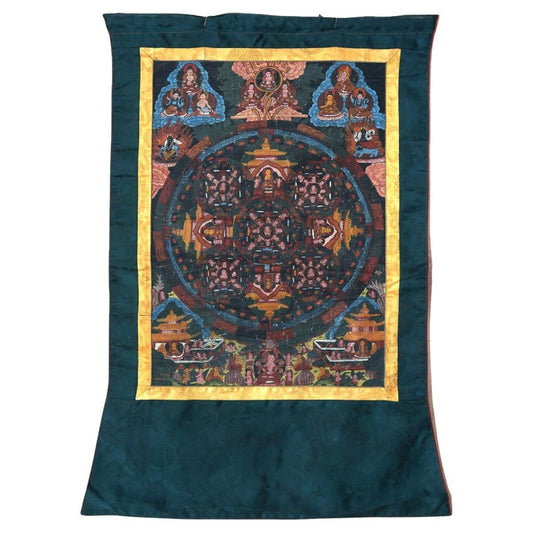 Antique Tibetan Hand Painted Silk and Canvas Thangka with Figures C1920