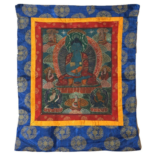 Antique Tibetan Hand Painted Silk and Canvas Thangka with Figures C1920