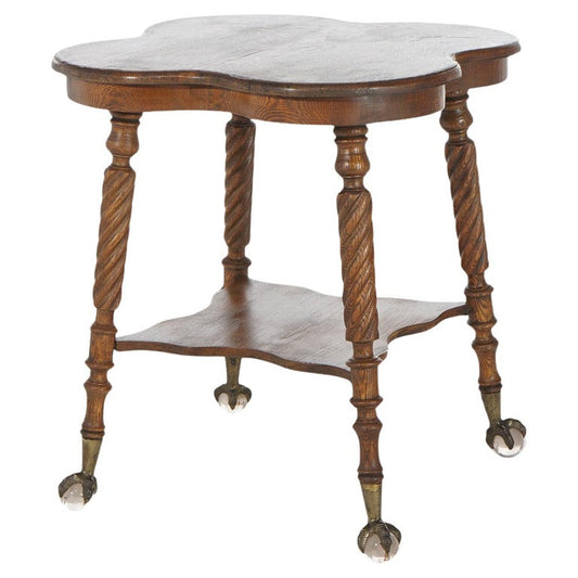 Antique Horner School Oak Cloverleaf Claw Foot & Crystal Table With Twisted Legs