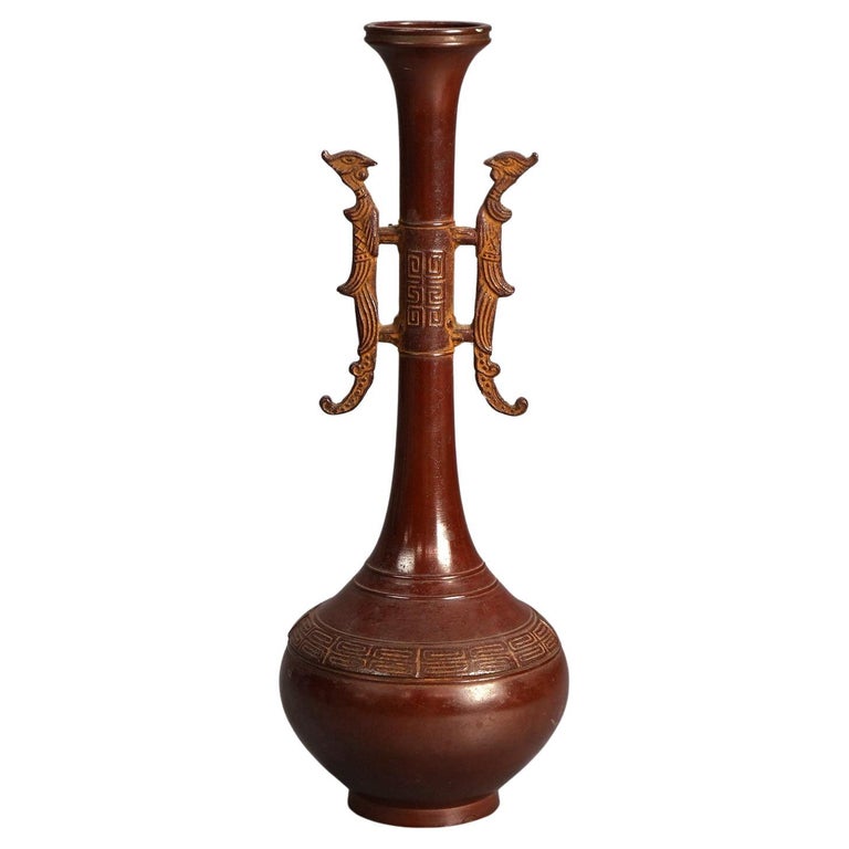 Chinese Bronze Vase with Enameled Floral Design & Dragon Handles 20thC