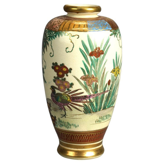 Antique Japanese Meiji Satsuma Porcelain Vase, Garden Scene & Pheasant, C1910