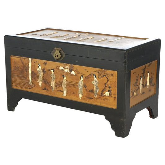Antique Chinese Lacquered Ebonized & Gilt Blanket Chest with Mother of Pearl