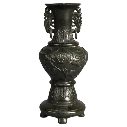 Antique Chinese Carved Hard Stone Double Handle Urn in Relief with Dragons C1920