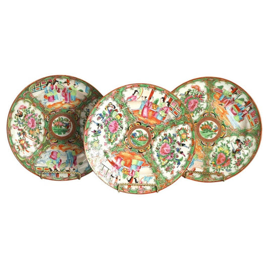 Three Antique Chinese Rose Medallion Porcelain Low Bowls with Genre Scenes C1900