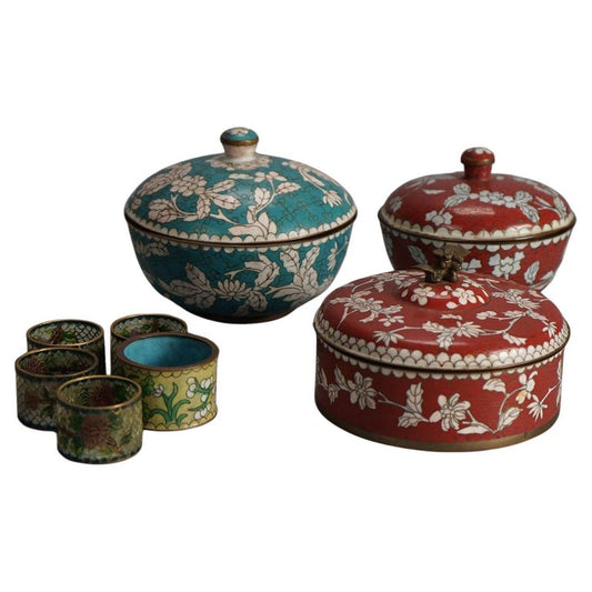 Antique Chinese Cloisonne Enameled Items - Three Boxes & Five Napkin Rings c1920