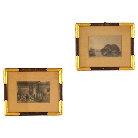 Pair of Antique Chinese Prints, Genre & Lake Scenes, Framed, C1920