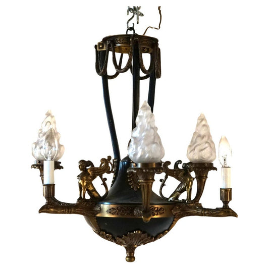 Antique French Empire Bronzed & Ebonized Figural Sphinx 6-Light Chandelier c1930