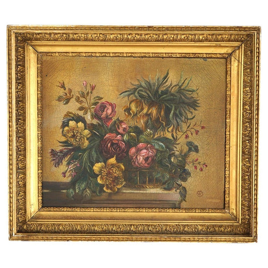 Still Life Oil On Canvas Painting, Garden Flowers in Table Top Vase 20thC