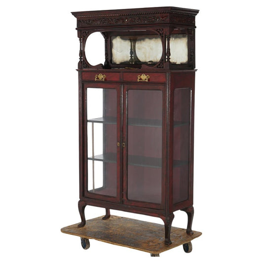 Antique Carved Mahogany Two-Door & Two-Drawer Mirrored China Cabinet C1910