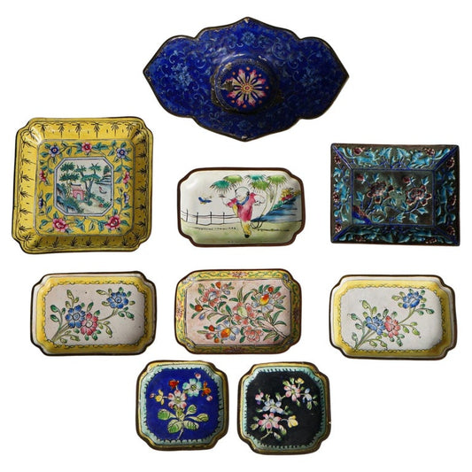Nine Antique Chinese Cloisonne Enameled Saucers C1920