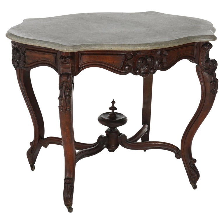 Antique Victorian Rococo Carved Walnut & Marble Top Parlor Table C1800