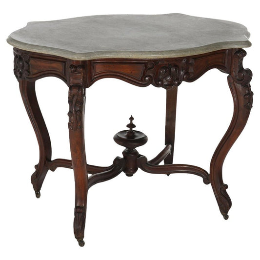 Antique Victorian Rococo Carved Walnut & Marble Top Parlor Table C1800