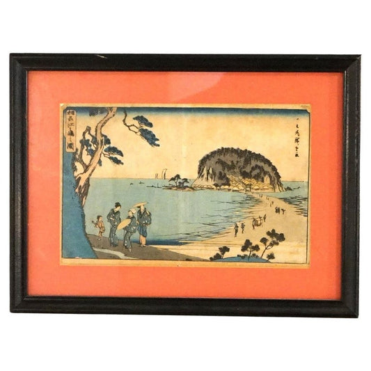 Antique Japanese Seascape Woodblock Print with Figures by Kunisada, C1920