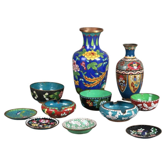 Twelve Various Chinese Cloisonne Floral Enameled Items C1920