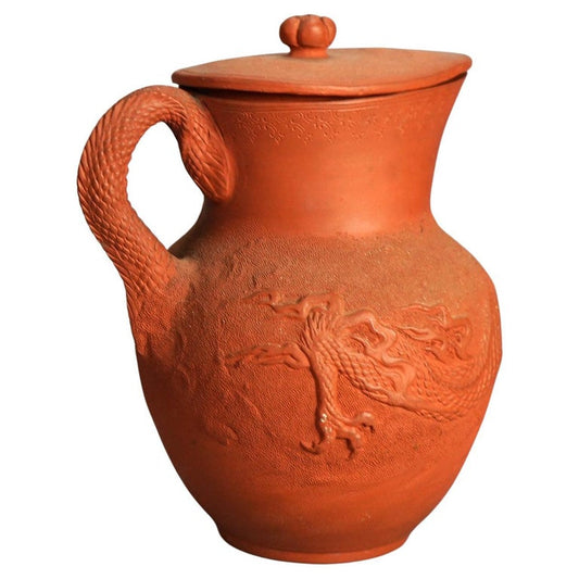 Antique Japanese Figural Carved in Relief Dragon Terra Cotta Pitcher & Lid C1930
