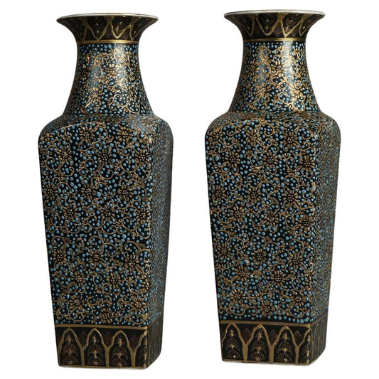 Pair of Tall Chinese Gilt Floral Decorated Porcelain Vases, Stamped, 20thC