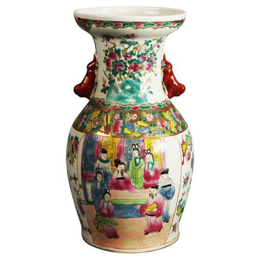 Vintage Chinese Porcelain Vase with Genre Scene & Garden Flowers, Stamped, C1930