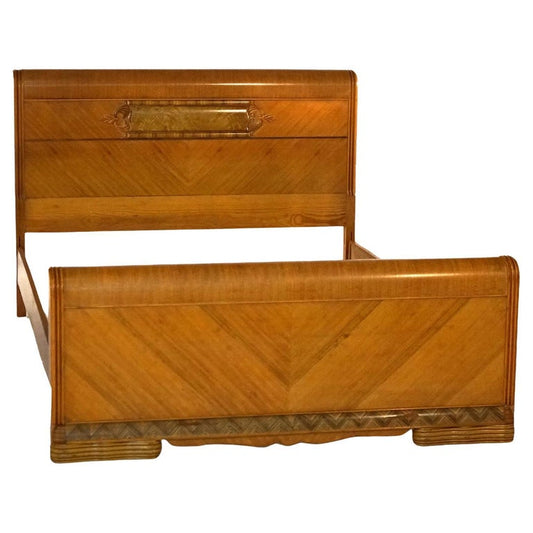 Vintage Waterfall Carved Satinwood Faux Painted Full Size Bed Frame C1940
