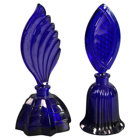 Aurel Art Deco Cobalt Blue Glass Perfume Bottles with Stoppers C1930
