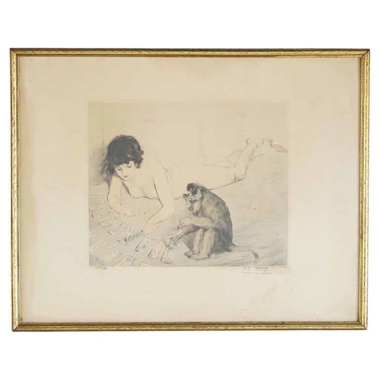 Antique French PE Felix Colored Lithograph of a Nude Playing Cards with a Monkey