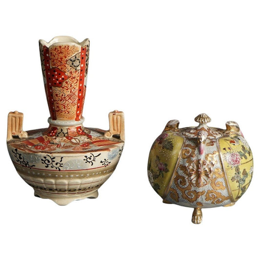 Two Antique Satsuma Pottery Vessels, Vase & Lidded Urn C1920