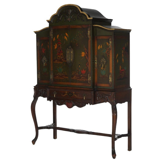 Antique French Style Carved Mahogany Polychromed Chinoiserie Decorated
