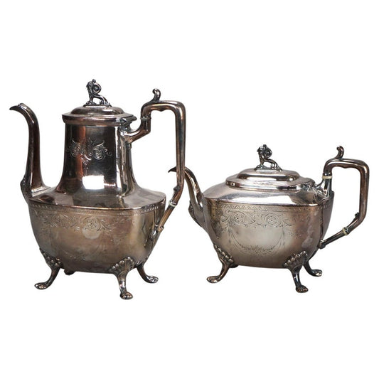 Two Piece Figural Antique Clawfoot Silver Plated Tea Set C1890