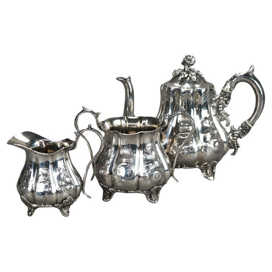 Three Piece Antique Silver Plated Tea Set in Melon Form C1890