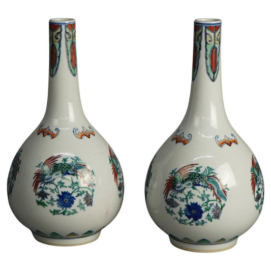 Pair of Chinese Doucai Porcelain Vases with Kangxi Mark & Pheasants 20thC