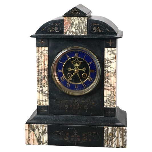 Antique American Empire Slate & Marble Clock with Blue Enamel Open Escapement