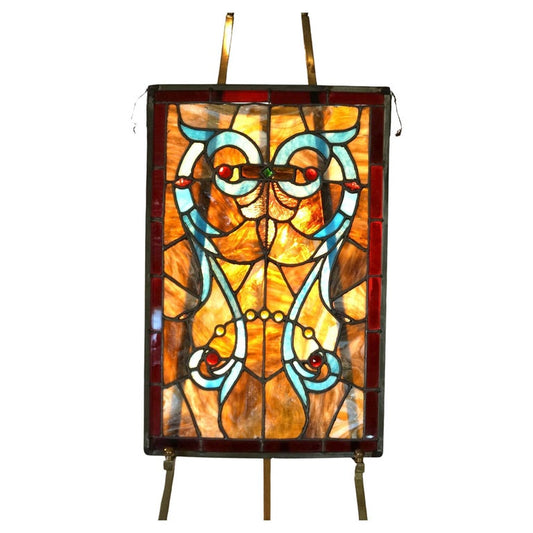Arts & Crafts Leaded Slag & Jeweled Stained Glass Window with Stylized Owl c1920