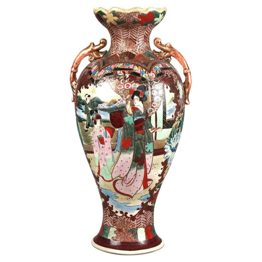Antique Japanese Satsuma Hand Painted & Gilt Pottery Portrait Vase C1920