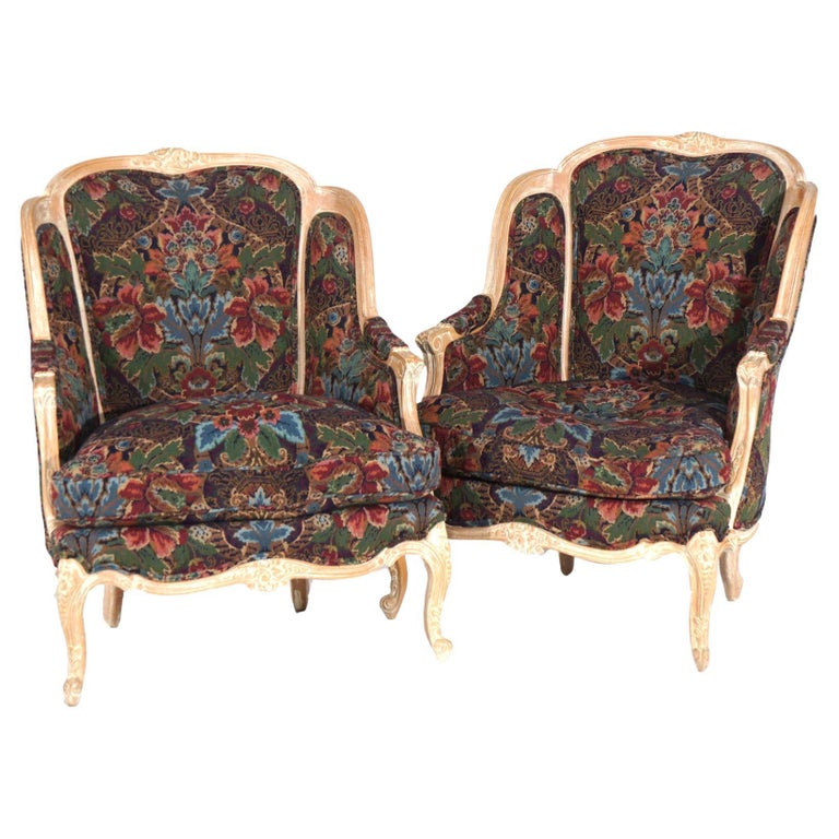 Pair of Continental Style Century Tapestry Stylized Wingback Armchairs 20thC