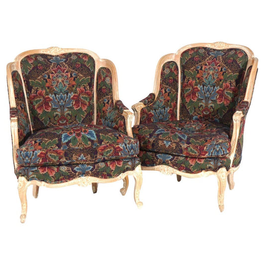 Pair of Continental Style Century Tapestry Stylized Wingback Armchairs 20thC