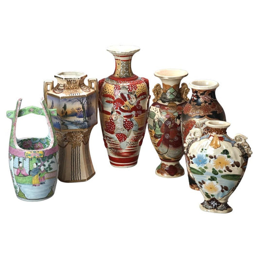 Six Antique Japanese Satsuma Hand Painted Pottery Vases C1920