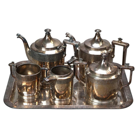 Six Piece Antique Silver Plated Engraved Tea Set C1890