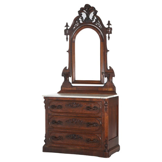 Antique Victorian Carved Walnut Marble Top Dresser with Mirror C1880