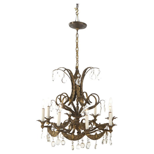 Vintage French Louis XIV Style Bronze & Crystal Eight-Light Chandelier C1930