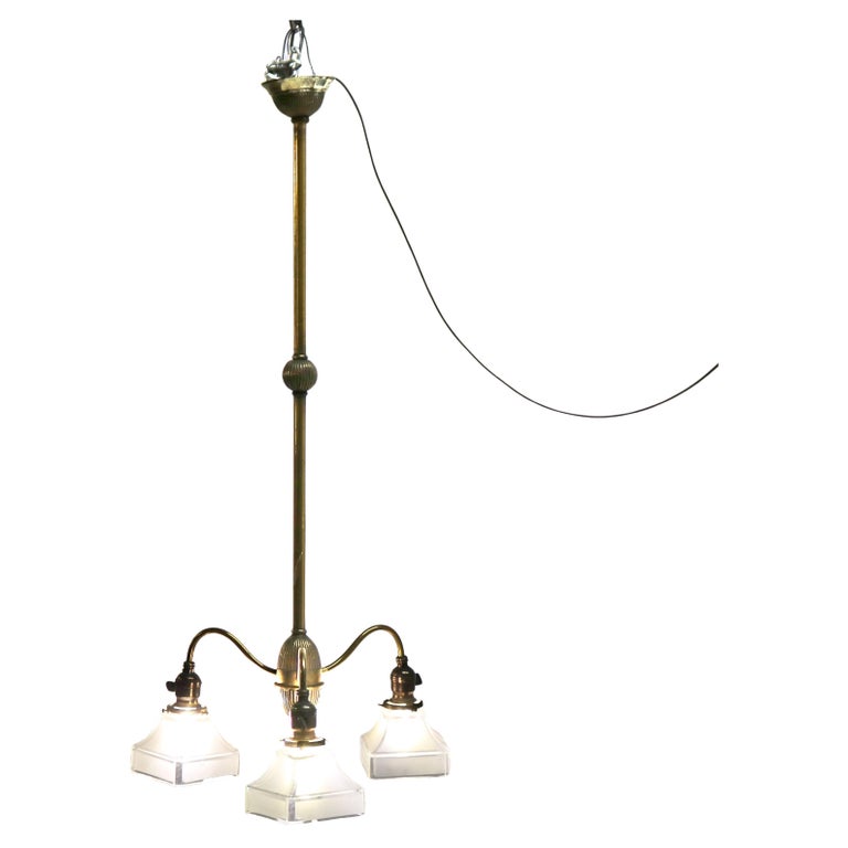 Antique Arts & Crafts Brass & Opalescent Glass Three-Light Hanging Fixture c1920