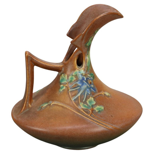 Brown Roseville Art Pottery Art Deco Ewer with Columbine Pattern Mid 20thC