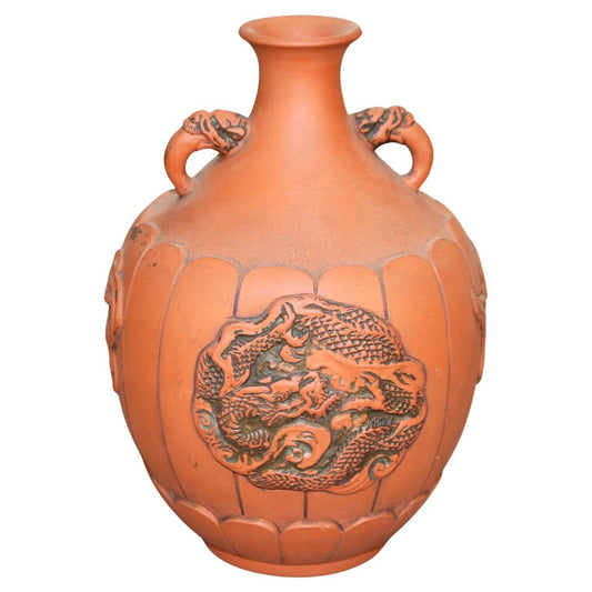 Japanese Embossed Terra Cotta Vase with Dragon & Handles C1930