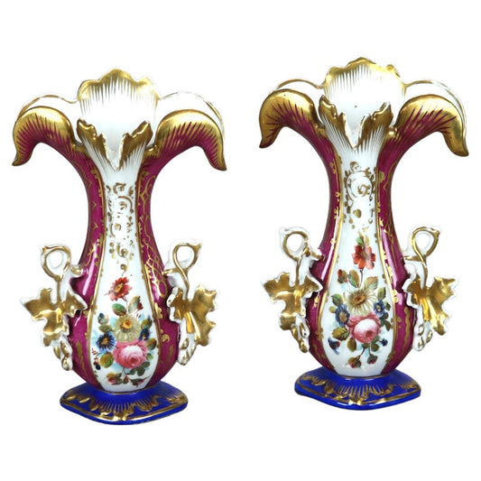 Pair of Antique Old Paris Floral & Gilt Hand Painted Porcelain Spill Vases C1880