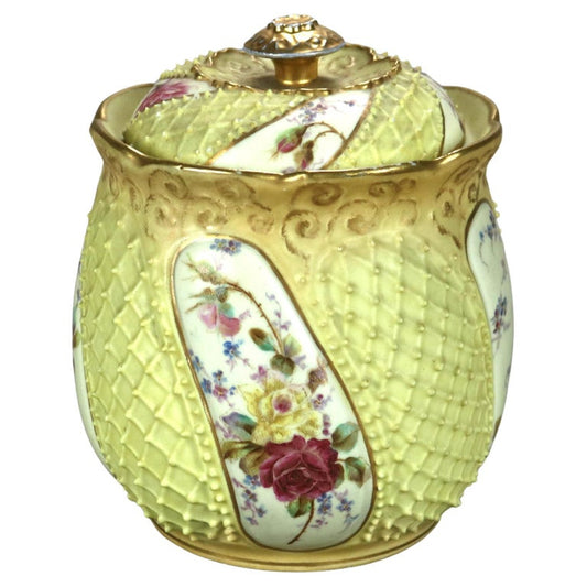 Antique German Rudolstadt Floral & Gilt Hand Painted Porcelain Biscuit Jar c1890