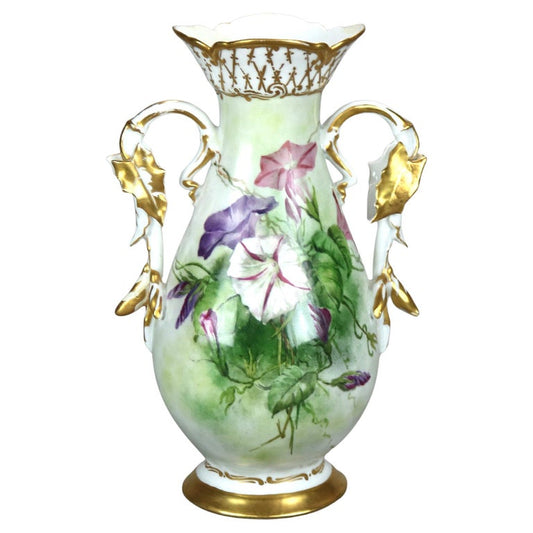 Antique French Limoges Morning Glory Floral & Gilt Hand Painted Porcelain Vase