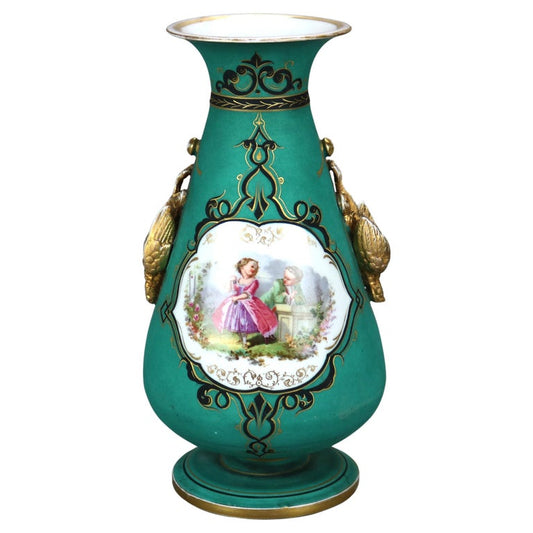Antique French Porcelain Figural & Gilt Hand Painted Vase with Pheasant Handles